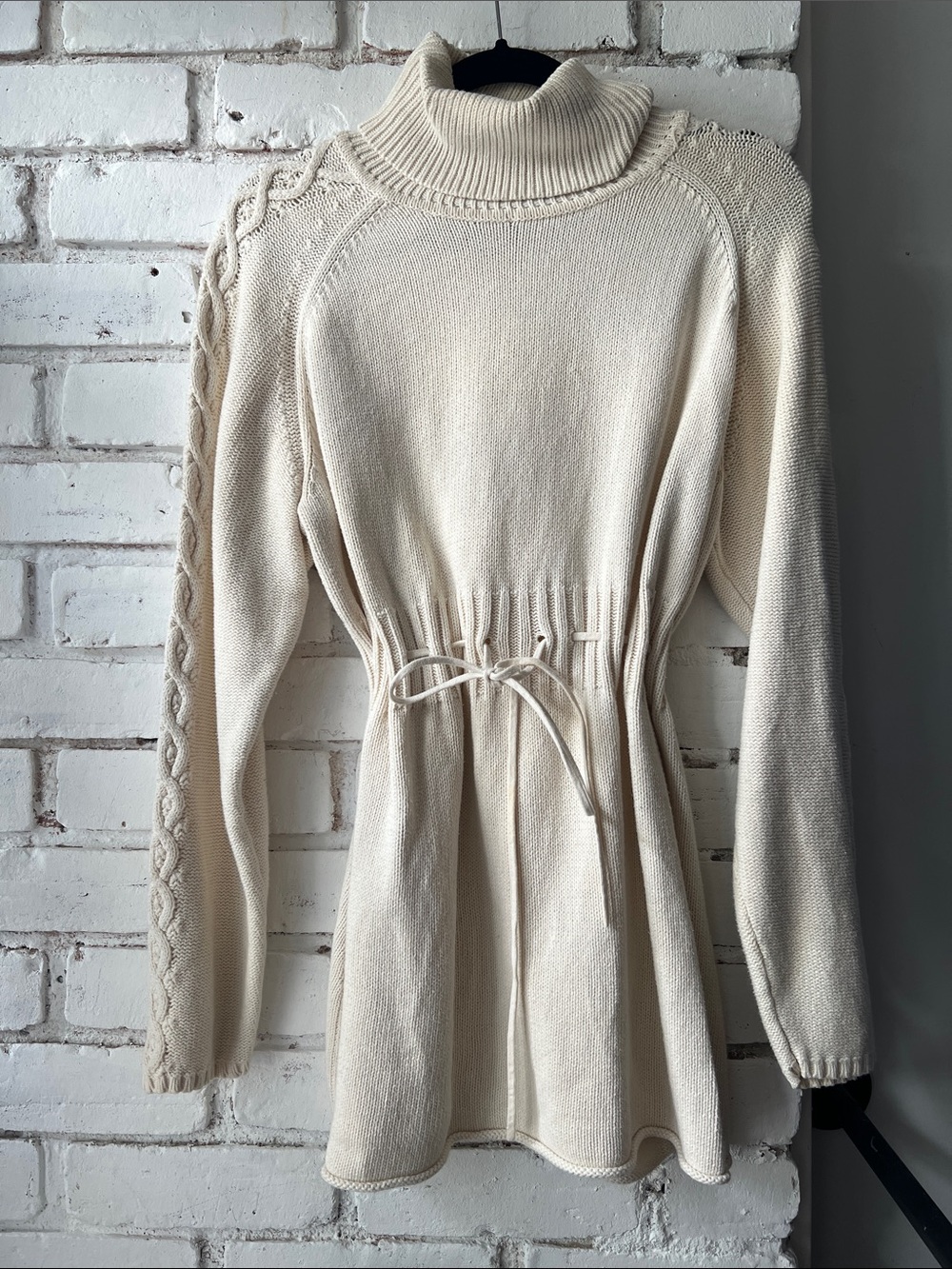 Turtleneck Drawstring Knit Dress in Ivory maternity tunic dress with waist sinch